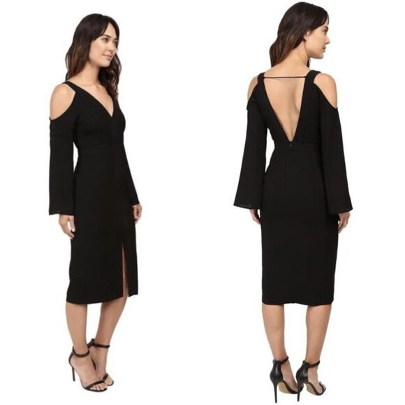 Keepsake the Label Cold Shoulder Bell Sleeve Midi Dress Black V Neck Open Back M - Picture 1 of 12